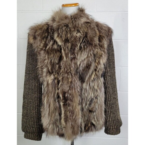 Vintage Convertible‎ Raccoon Fur Coat Jacket Vest w. Knit Sweater Arms M-L? - Picture 1 of 11